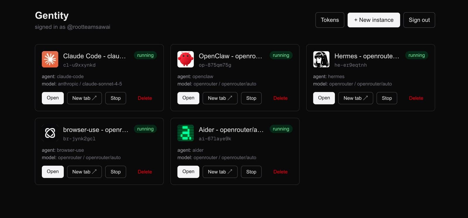 Gentity dashboard listing five running agents (Claude Code, OpenClaw, Hermes, browser-use, Aider) each with status, agent type, model, and quick actions