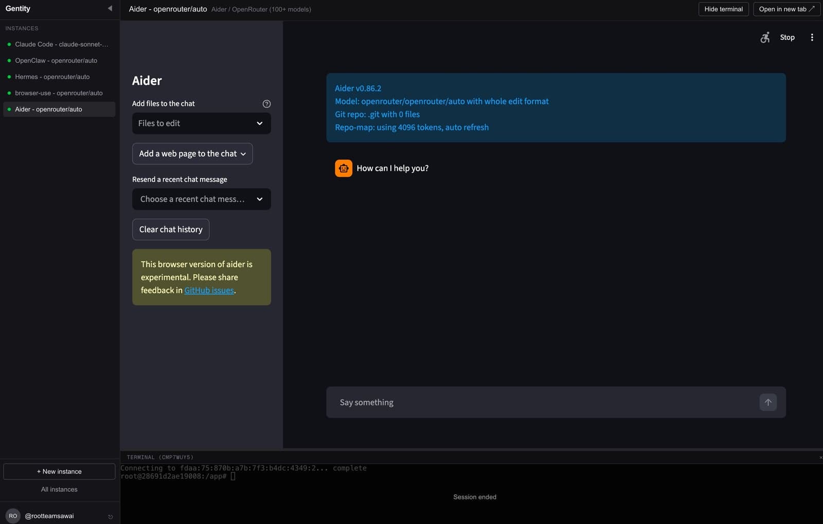 Aider pair-programmer chat with a connected git repo