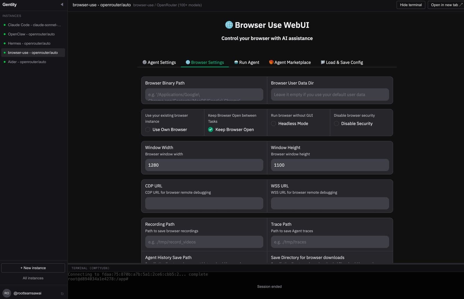 browser-use WebUI configuring an autonomous Chromium agent