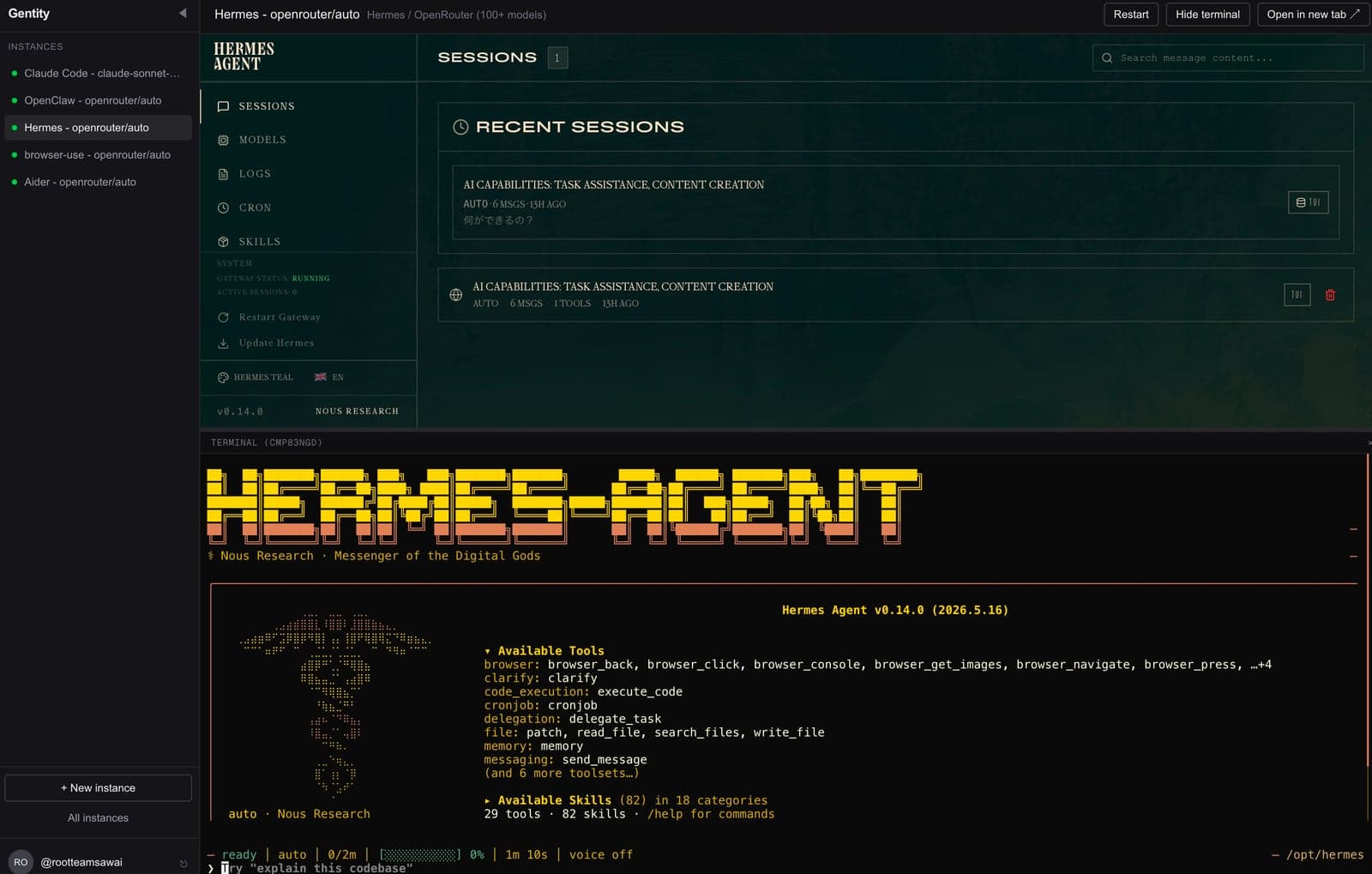 Hermes session manager above the HERMES-AGENT TUI in the embedded terminal
